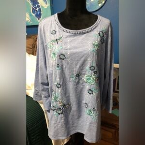 Alfred Dunner Blue Floral Embroidered 3/4 Sleeve Top Sz. 2X